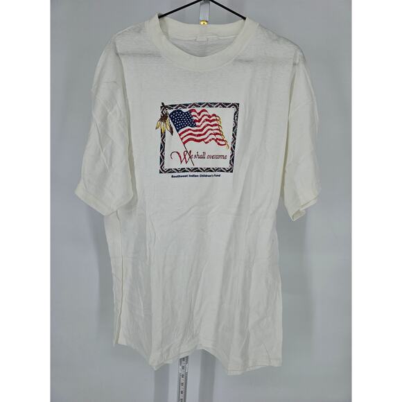 Vintage Mens Sz L Single Stitch Short Sleeve T Shirt White American Flag 1990s - Picture 1 of 4